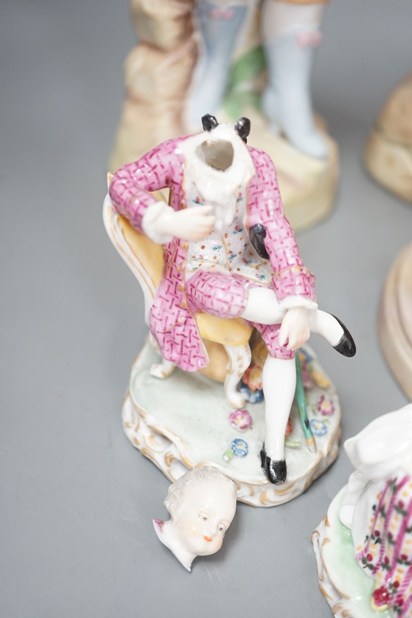 A pair of French bisque Marly horse groups and two pairs of French porcelain figures 27cm